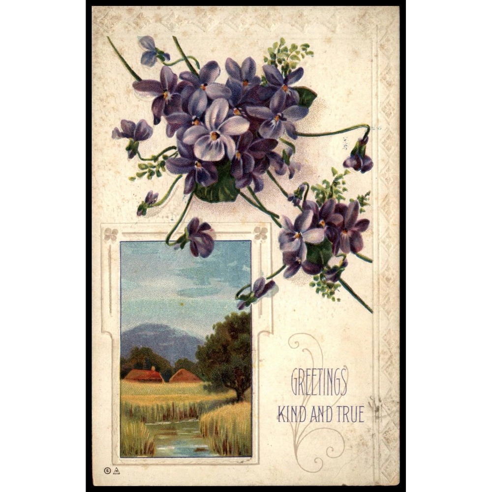Vintage Embossed Lithograph Postcard E. Nash Violets Landscape Color 6 X 4 In